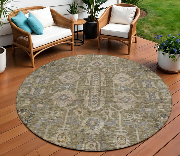 Homeroots 3' Stylish Artichoke Green Oriental Washable Area Rug For Indoor & Outdoor Use, Durable Design 8' Round Polyester 582058
