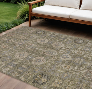 Homeroots 3' Stylish Artichoke Green Oriental Washable Area Rug For Indoor & Outdoor Use, Durable Design 10' X 14' Polyester 582061