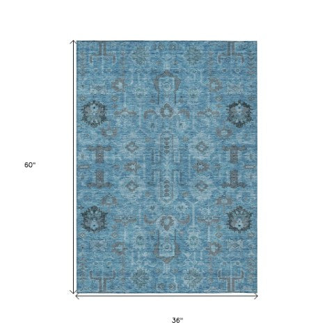 Homeroots 3' Stylish Artichoke Green Oriental Washable Area Rug For Indoor & Outdoor Use, Durable Design 3' X 5' Polyester 582062