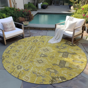 Homeroots 3' Stylish Artichoke Green Oriental Washable Area Rug For Indoor & Outdoor Use, Durable Design 8' Round Polyester 582070