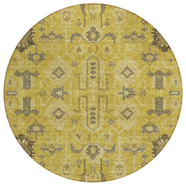 HomeRoots 5' Durable Gold Wheat and Gray Oriental Area Rug - Washable, Versatile for Indoor & Outdoor Spaces 8' Round 582070