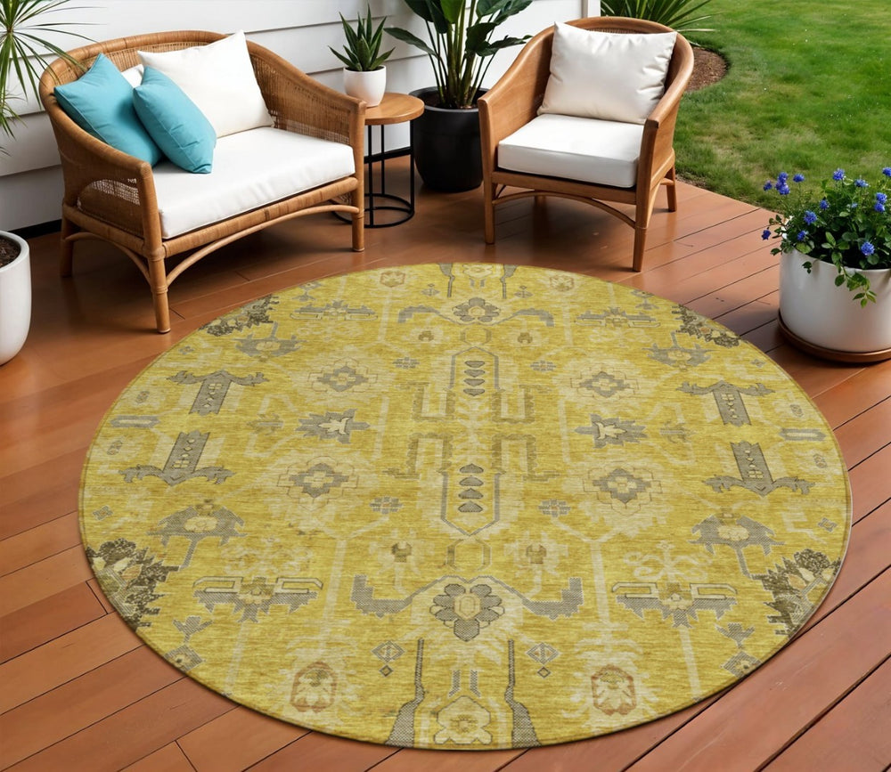 HomeRoots 5' Durable Gold Wheat and Gray Oriental Area Rug - Washable, Versatile for Indoor & Outdoor Spaces 8' Round 582070