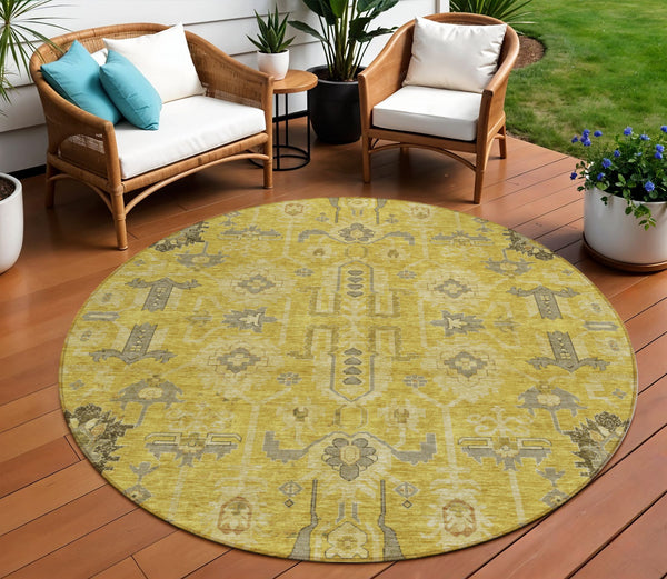 Homeroots 3' Stylish Artichoke Green Oriental Washable Area Rug For Indoor & Outdoor Use, Durable Design 8' Round Polyester 582070