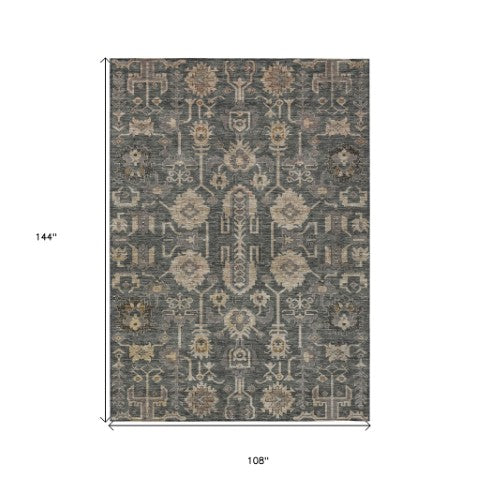 Homeroots 3' Stylish Artichoke Green Oriental Washable Area Rug For Indoor & Outdoor Use, Durable Design 9' X 12' Polyester 582078