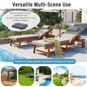 English Elm U_style Acacia Wood Outdoor Chaise Lounger with Reclining Backrest Cushions and Side Tray Gray N711P415859E