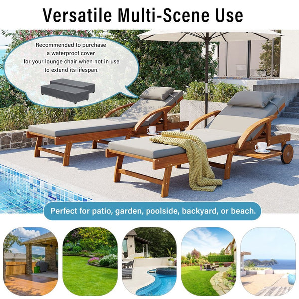 English Elm U_style Acacia Wood Outdoor Chaise Lounger with Reclining Backrest Cushions and Side Tray Gray N711P415859E