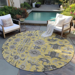 Homeroots 3' Stylish Artichoke Green Oriental Washable Area Rug For Indoor & Outdoor Use, Durable Design 8' Round Polyester 582082
