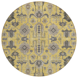 HomeRoots 5' Stylish Yellow, Gray & Charcoal Oriental Washable Area Rug for Indoor & Outdoor Spaces 8' Round 582082