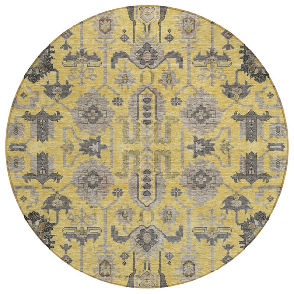 HomeRoots 5' Stylish Yellow, Gray & Charcoal Oriental Washable Area Rug for Indoor & Outdoor Spaces 8' Round 582082