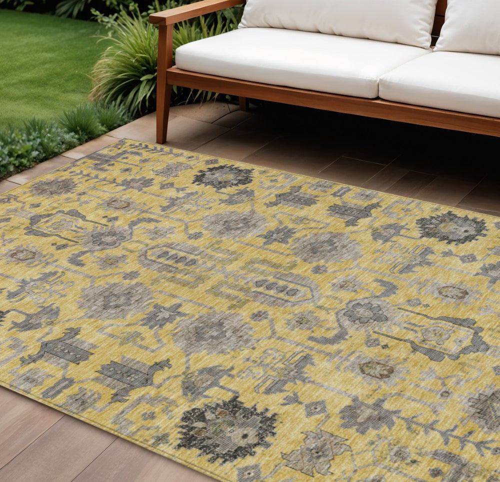 HomeRoots 5' Stylish Yellow, Gray & Charcoal Oriental Washable Area Rug for Indoor & Outdoor Spaces 8' X 10' 582083