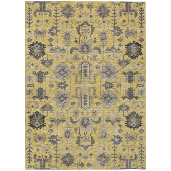 HomeRoots 9' Stylish Yellow Gray Charcoal Oriental Washable Area Rug for Indoor & Outdoor Spaces, Easy Care 9' X 12' 582084