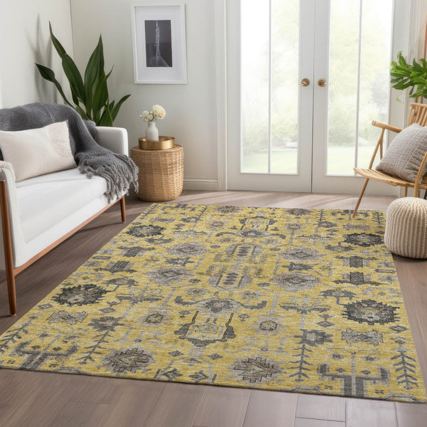 Homeroots 3' Stylish Artichoke Green Oriental Washable Area Rug For Indoor & Outdoor Use, Durable Design 9' X 12' Polyester 582084