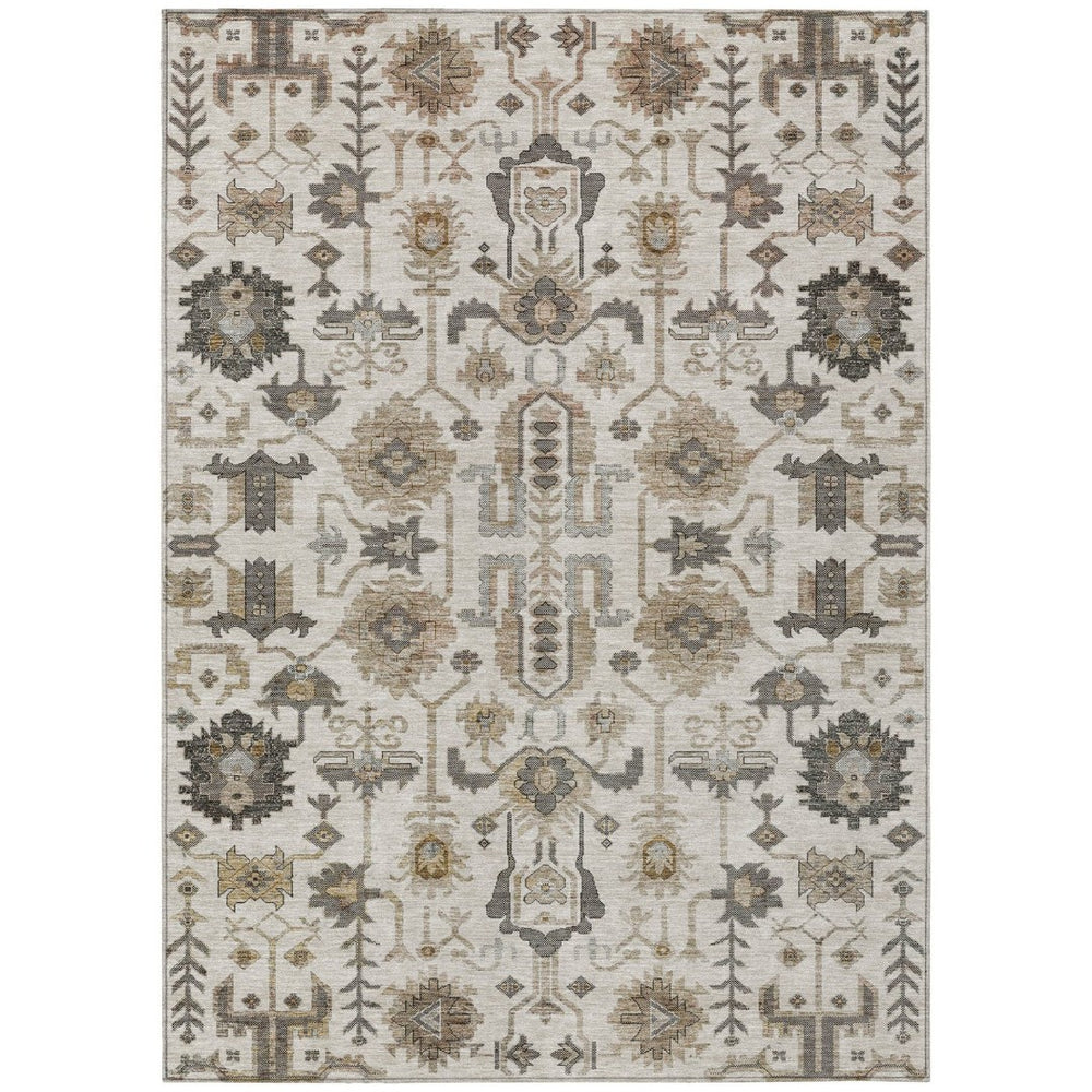 HomeRoots 5' Timeless Ivory Beige and Taupe Oriental Washable Rug for Indoor and Outdoor Versatility 5' X 8' 582087