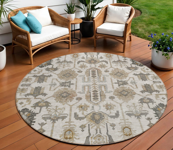 Homeroots 3' Stylish Artichoke Green Oriental Washable Area Rug For Indoor & Outdoor Use, Durable Design 8' Round Polyester 582088