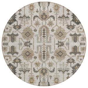 HomeRoots 5' Timeless Ivory Beige and Taupe Oriental Washable Rug for Indoor and Outdoor Versatility 8' Round 582088