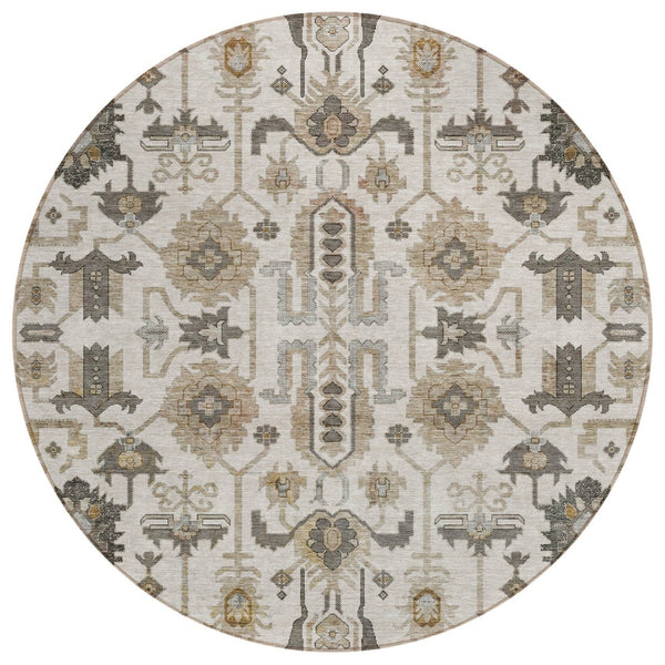 HomeRoots 5' Timeless Ivory Beige and Taupe Oriental Washable Rug for Indoor and Outdoor Versatility 8' Round 582088