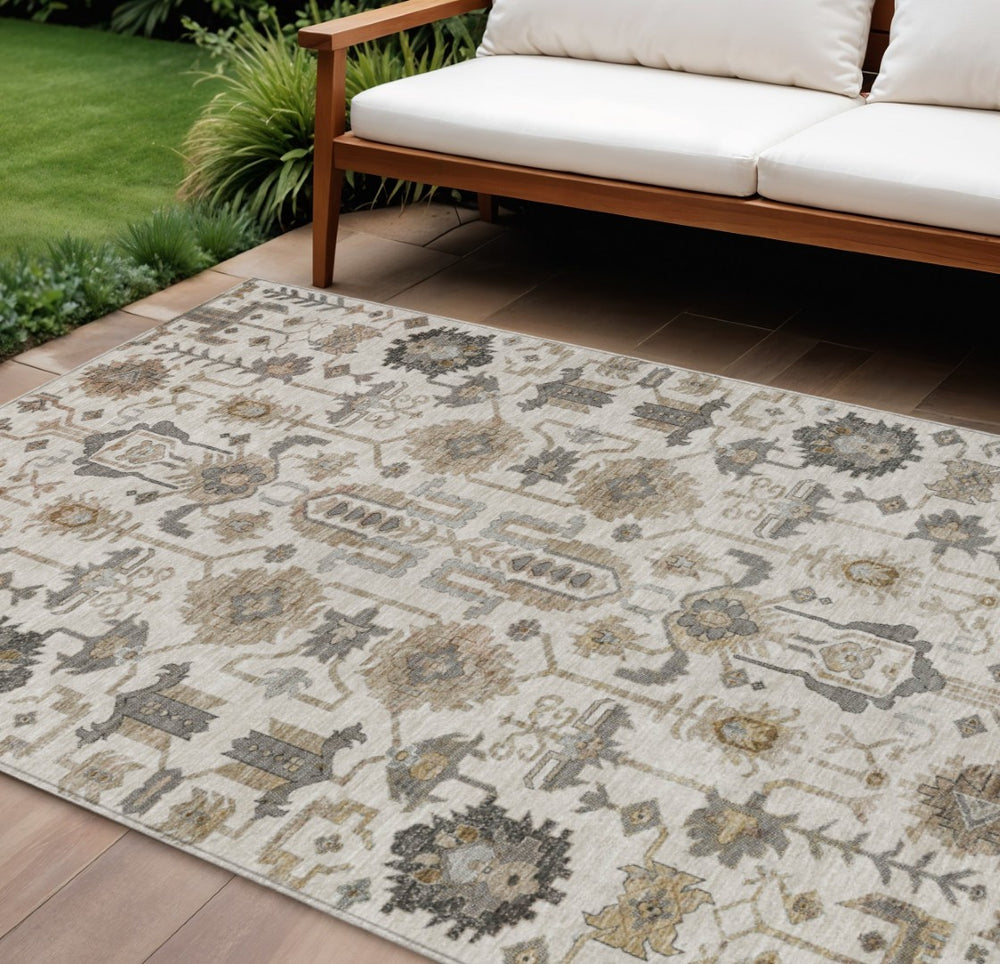 HomeRoots 9' Elegant Ivory Beige and Taupe Oriental Area Rug - Durable, Washable, Indoor/Outdoor Versatility 9' X 12' 582090
