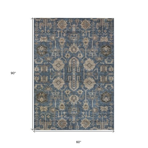 Homeroots 3' Stylish Artichoke Green Oriental Washable Area Rug For Indoor & Outdoor Use, Durable Design 5' X 8' Polyester 582099