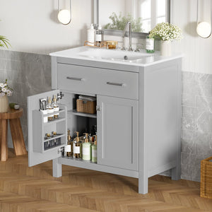 English Elm 30" Modern Bathroom Vanity with Ceramic Sink and Soft-Close Doors, Solid Wood MDF Build, Sleek Handles Gray N729P263155E