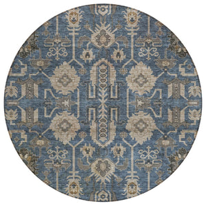 HomeRoots 5' Washable Indoor Outdoor Area Rug - Elegant Navy Blue, Beige & Taupe Oriental Design for Any Space 8' Round 582100