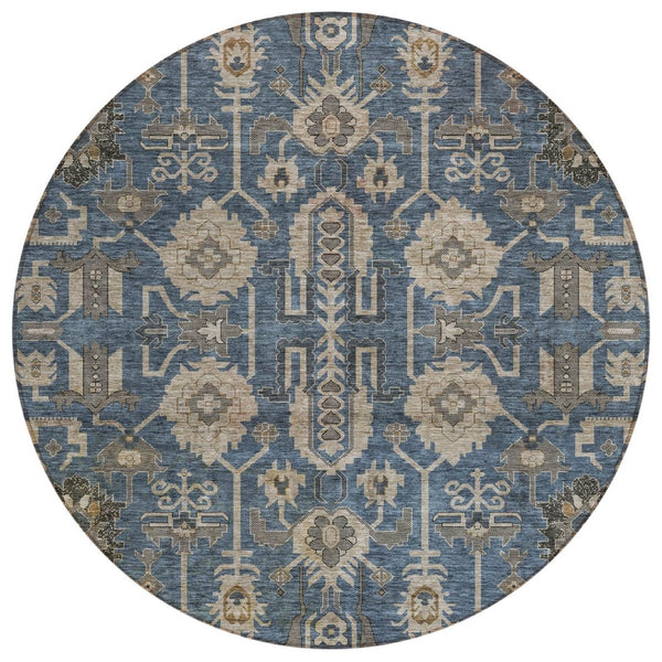 HomeRoots 5' Washable Indoor Outdoor Area Rug - Elegant Navy Blue, Beige & Taupe Oriental Design for Any Space 8' Round 582100