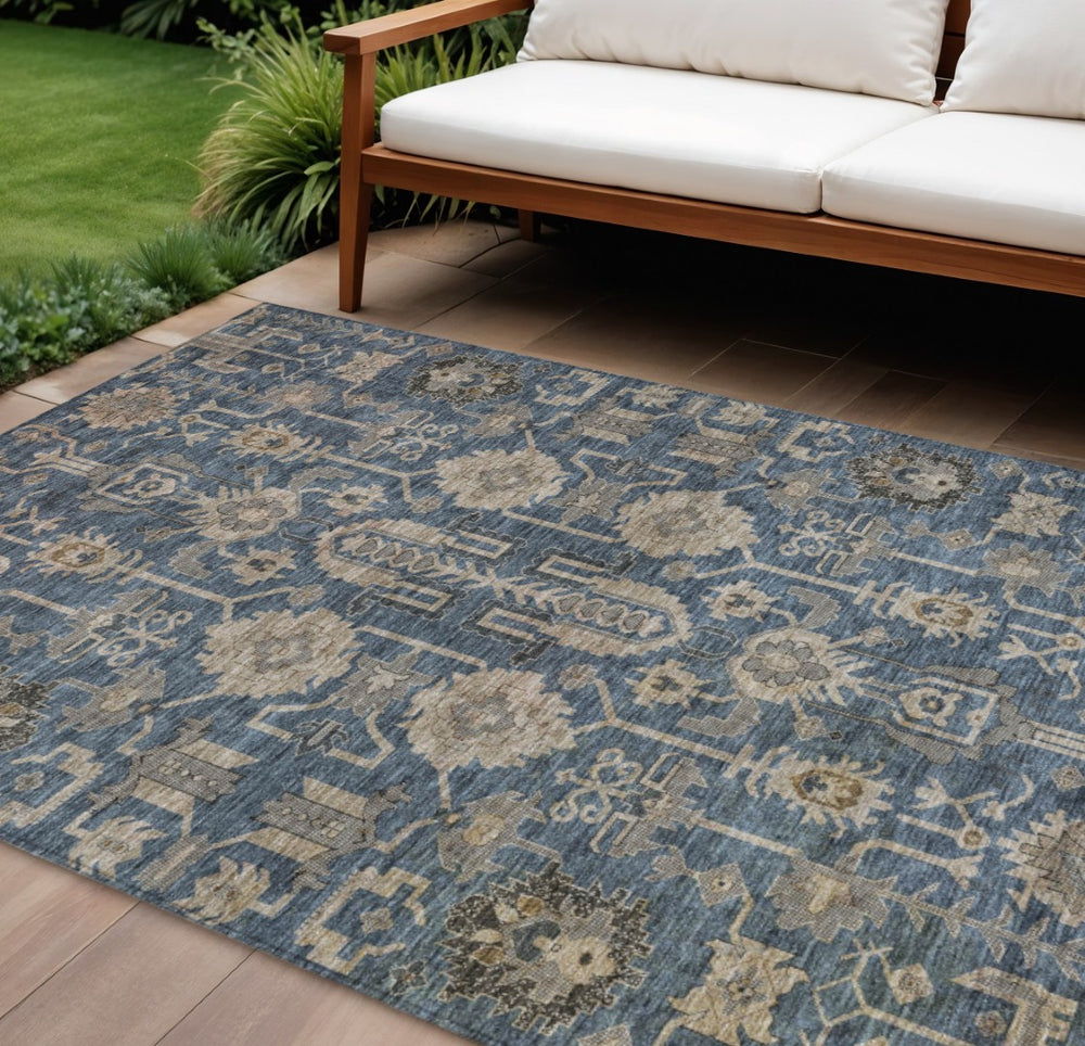 HomeRoots 9' Elegant Navy Blue, Beige & Taupe Oriental Washable Area Rug for Indoor & Outdoor Spaces 9' X 12' 582102