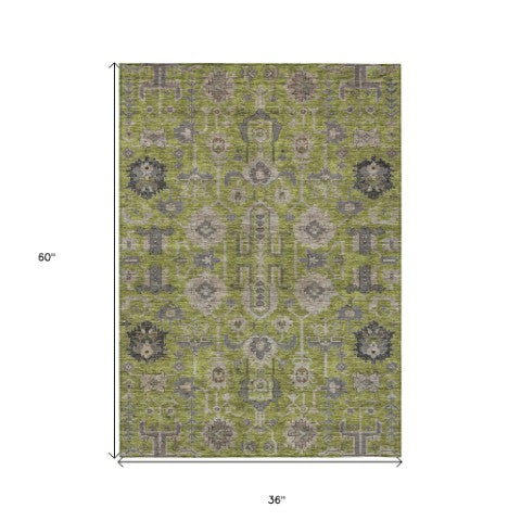 Homeroots 3' Stylish Artichoke Green Oriental Washable Area Rug For Indoor & Outdoor Use, Durable Design 3' X 5' Polyester 582104
