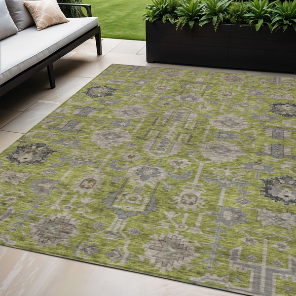 Homeroots 3' Stylish Artichoke Green Oriental Washable Area Rug For Indoor & Outdoor Use, Durable Design 5' X 8' Polyester 582105