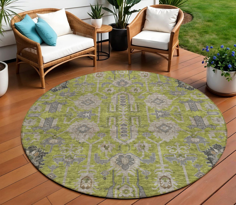 HomeRoots 5' Elegant Olive Green Gray Charcoal Oriental Washable Area Rug for Indoor Outdoor Spaces 8' Round 582106