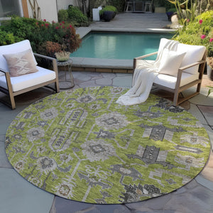 Homeroots 3' Stylish Artichoke Green Oriental Washable Area Rug For Indoor & Outdoor Use, Durable Design 8' Round Polyester 582106