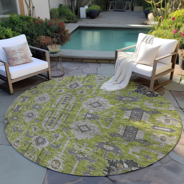 Homeroots 3' Stylish Artichoke Green Oriental Washable Area Rug For Indoor & Outdoor Use, Durable Design 8' Round Polyester 582106