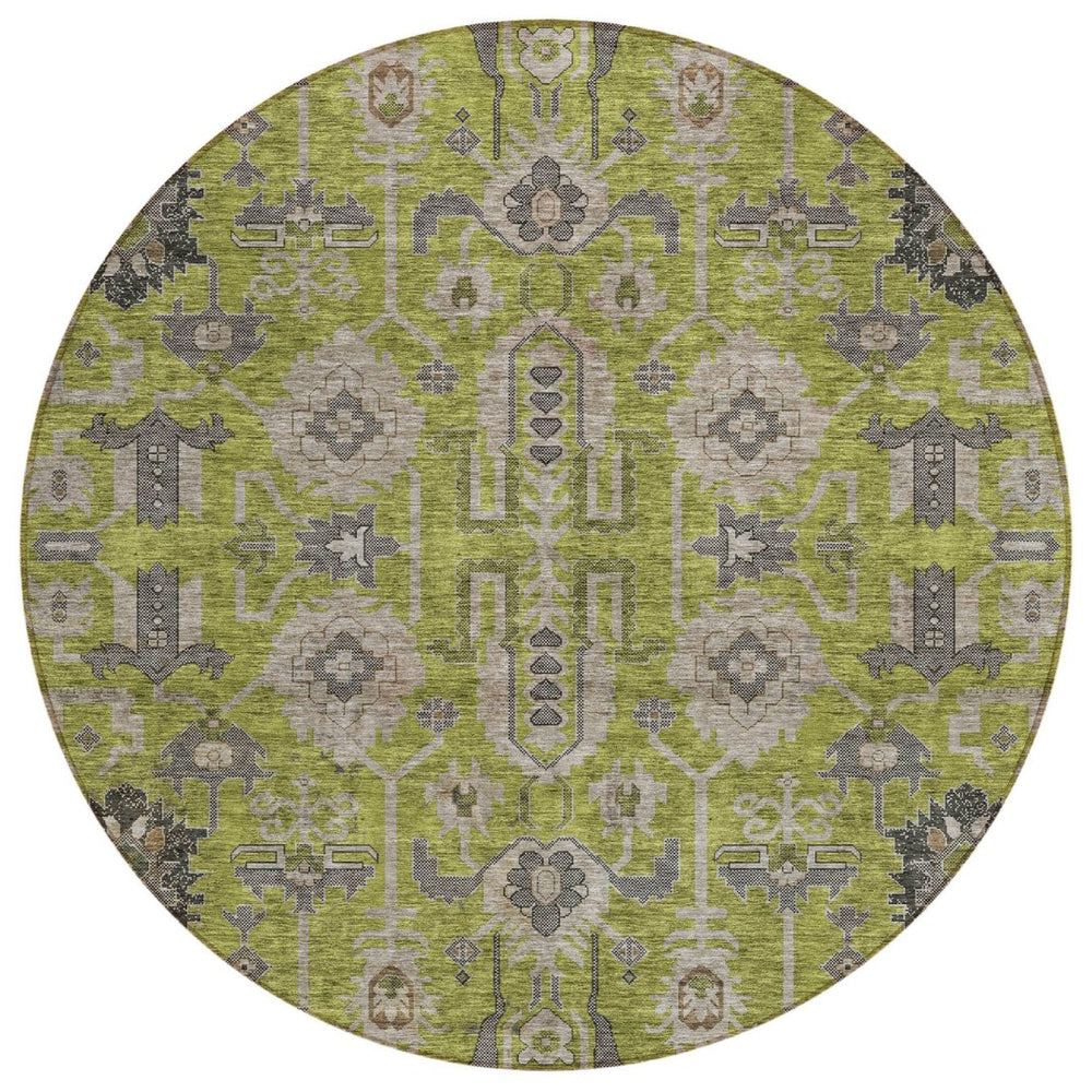HomeRoots 5' Elegant Olive Green Gray Charcoal Oriental Washable Area Rug for Indoor Outdoor Spaces 8' Round 582106
