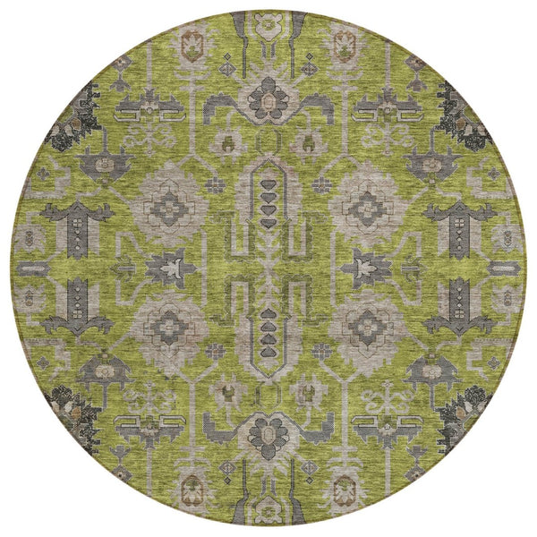 HomeRoots 5' Elegant Olive Green Gray Charcoal Oriental Washable Area Rug for Indoor Outdoor Spaces 8' Round 582106