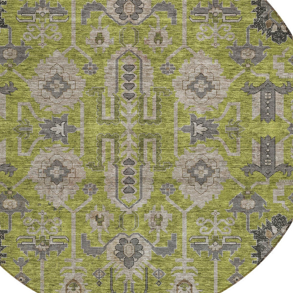 Homeroots 3' Stylish Artichoke Green Oriental Washable Area Rug For Indoor & Outdoor Use, Durable Design 8' Round Polyester 582106