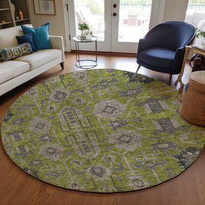 Homeroots 3' Stylish Artichoke Green Oriental Washable Area Rug For Indoor & Outdoor Use, Durable Design 8' Round Polyester 582106
