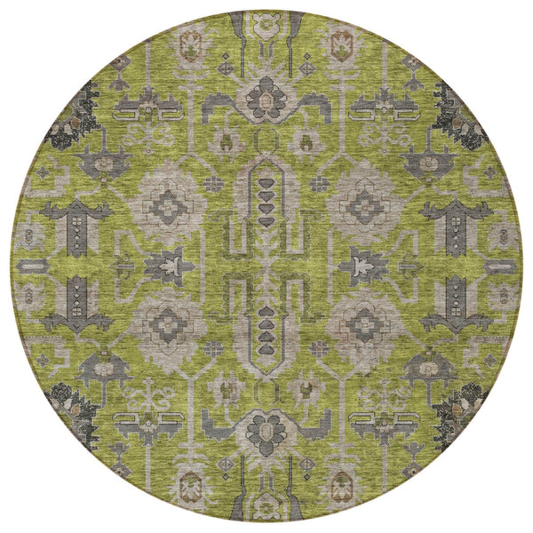 Homeroots 3' Stylish Artichoke Green Oriental Washable Area Rug For Indoor & Outdoor Use, Durable Design 8' Round Polyester 582106