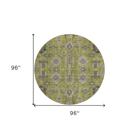 Homeroots 3' Stylish Artichoke Green Oriental Washable Area Rug For Indoor & Outdoor Use, Durable Design 8' Round Polyester 582106