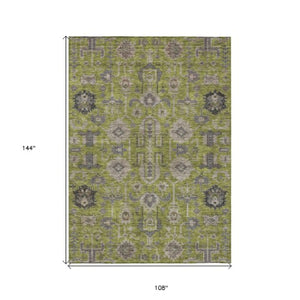 Homeroots 3' Stylish Artichoke Green Oriental Washable Area Rug For Indoor & Outdoor Use, Durable Design 9' X 12' Polyester 582108