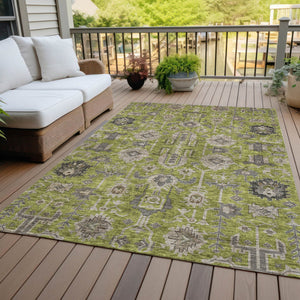 Homeroots 3' Stylish Artichoke Green Oriental Washable Area Rug For Indoor & Outdoor Use, Durable Design 9' X 12' Polyester 582108