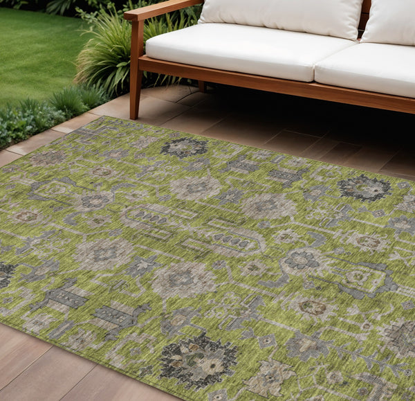 Homeroots 3' Stylish Artichoke Green Oriental Washable Area Rug For Indoor & Outdoor Use, Durable Design 10' X 14' Polyester 582109