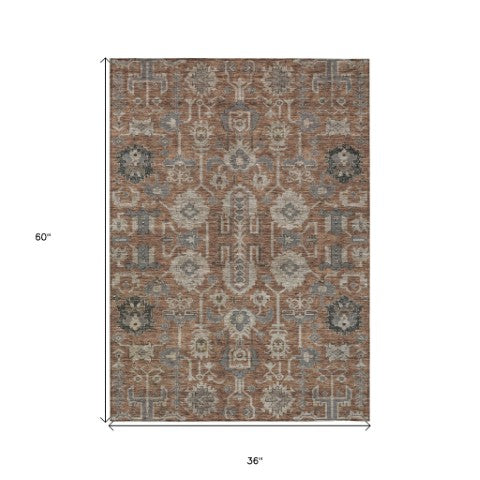 Homeroots 3' Stylish Artichoke Green Oriental Washable Area Rug For Indoor & Outdoor Use, Durable Design 3' X 5' Polyester 582116