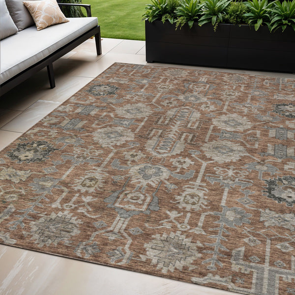 Homeroots 3' Stylish Artichoke Green Oriental Washable Area Rug For Indoor & Outdoor Use, Durable Design 5' X 8' Polyester 582117