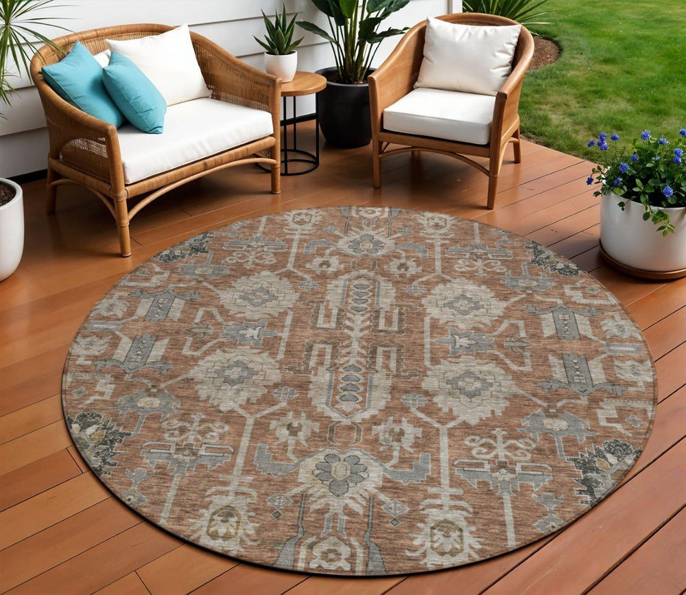 HomeRoots 5' Timeless Brown Gray Charcoal Oriental Washable Area Rug for Indoor and Outdoor Elegance 8' Round 582118