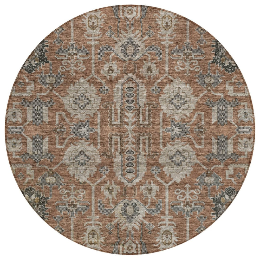 HomeRoots 5' Timeless Brown Gray Charcoal Oriental Washable Area Rug for Indoor and Outdoor Elegance 8' Round 582118
