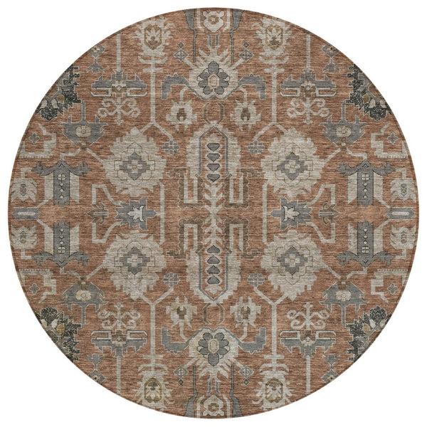 HomeRoots 5' Timeless Brown Gray Charcoal Oriental Washable Area Rug for Indoor and Outdoor Elegance 8' Round 582118