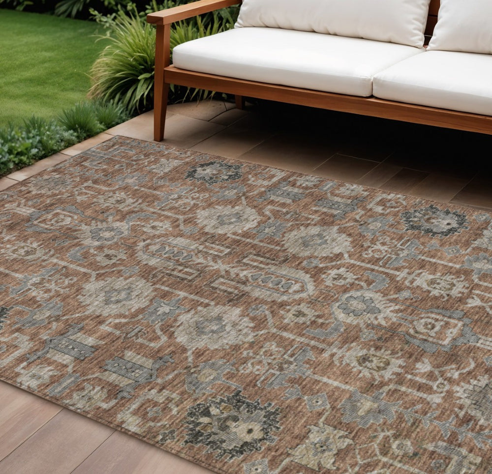 HomeRoots 9' Durable Brown Gray and Charcoal Oriental Washable Area Rug for Indoor and Outdoor Spaces 9' X 12' 582120