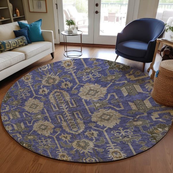 Homeroots 3' Stylish Artichoke Green Oriental Washable Area Rug For Indoor & Outdoor Use, Durable Design 8' Round Polyester 582124