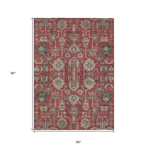 Homeroots 3' Stylish Artichoke Green Oriental Washable Area Rug For Indoor & Outdoor Use, Durable Design 5' X 8' Polyester 582129