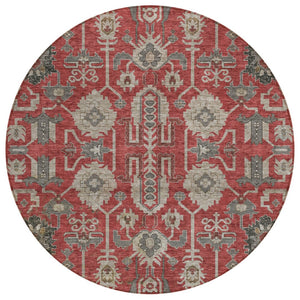 HomeRoots 5' Stylish Oriental Area Rug in Red, Beige, and Charcoal – Washable & Durable for Indoor/Outdoor Use 8' Round 582130
