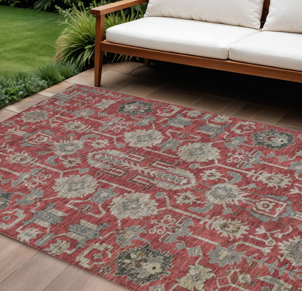 HomeRoots 5' Stylish Oriental Area Rug in Red, Beige, and Charcoal – Washable & Durable for Indoor/Outdoor Use 10' X 14' 582133